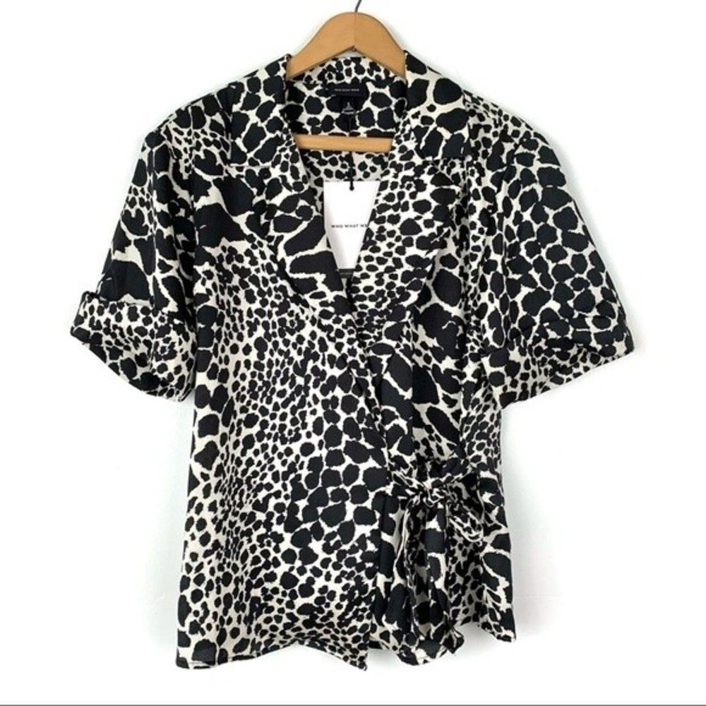 Who What Wear Black & White Leopard Print Short Sleeve Collared Wrap Top NWT